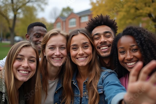 A Joyful Moment: Friends from Different Backgrounds Pose for a Selfie on Campus