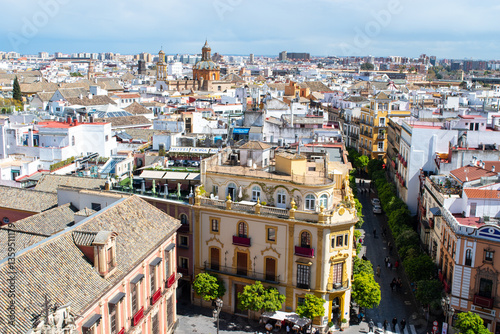 Cityscape view of the city of Seville, Spain taken from the La Giralda tower and spire at Seville cathedral.