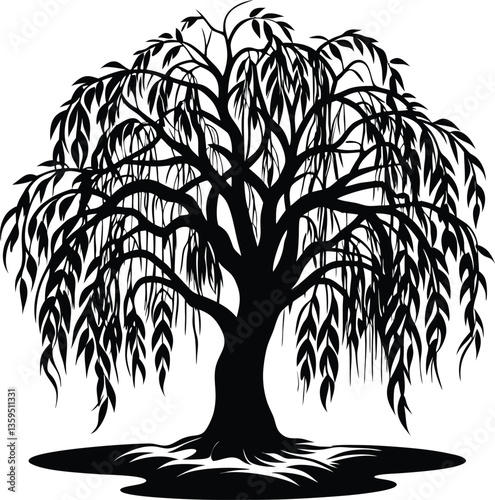 willow tree black and white silhouette vector design