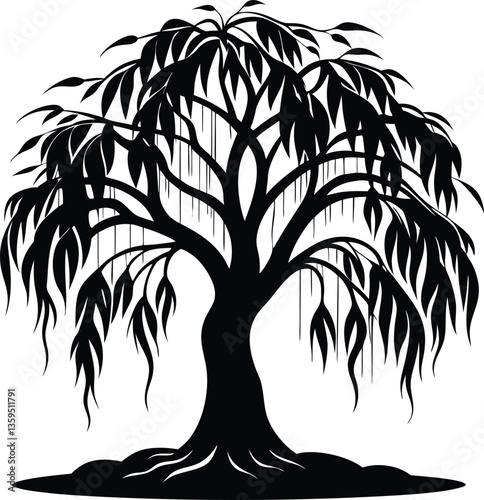 willow tree black and white silhouette vector design