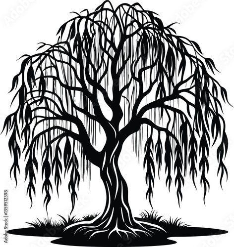 willow tree black and white silhouette vector design
