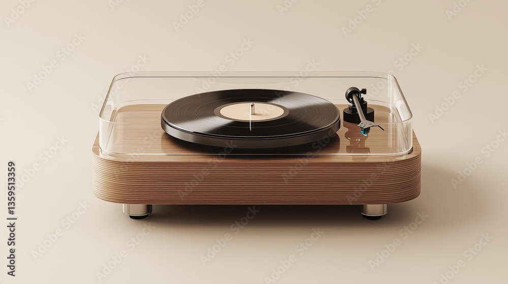 Modern minimalist turntable with transparent cover and black vinyl record on a beige background Modern minimalist turntable with transparent cover and black vinyl record on a beige background