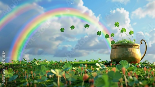 Fototapeta Naklejka Na Ścianę i Meble -  A rainbow with a pot of gold at the end, surrounded by shamrocks.