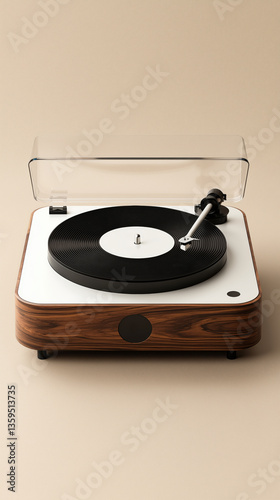 Retro style turntable record player with transparent dust cover and black vinyl record