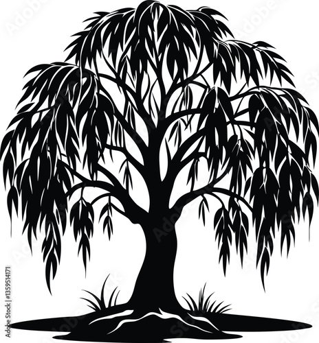 willow tree black and white silhouette vector design