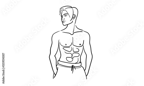 Sculpted pumped up body. Sport man narcissist, admires himself on white background. Sport guy model line art drawing. Vector illustration
