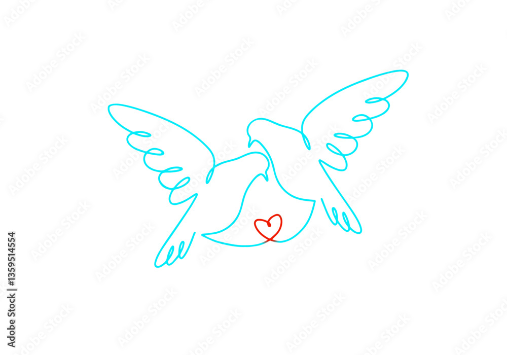 Obraz premium Two simple blue doves flying gracefully towards each other with a small red heart between them, love, union, commitment of two people coming together in marriage and lifelong partnership.