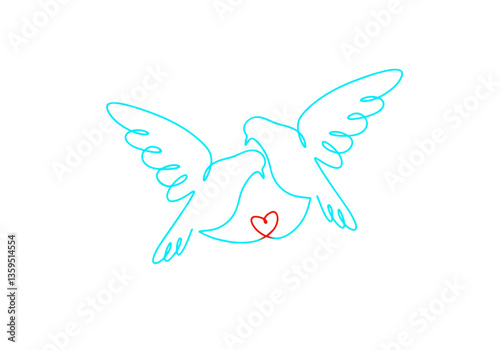 Two simple blue doves flying gracefully towards each other with a small red heart between them, love, union, commitment of two people coming together in marriage and lifelong partnership.