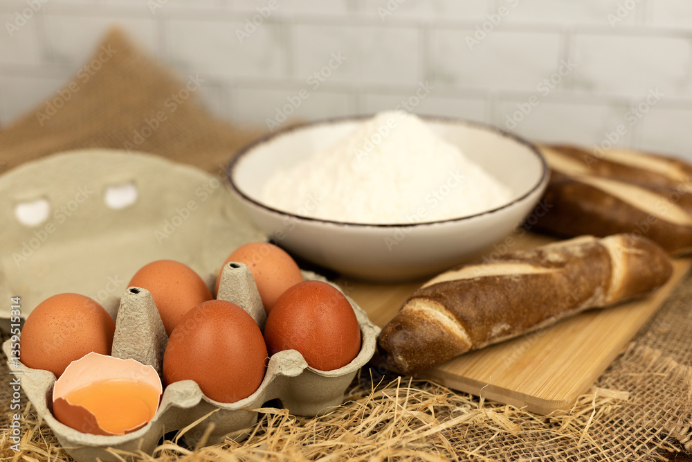 Freshly baked bread, flour, eggs. The process of baking bread.Baking Ingredients Freshly baked bread, flour, eggs. The process of baking bread.Baking Ingredients