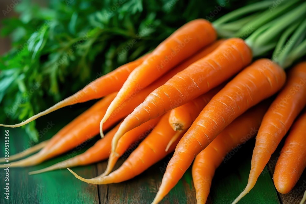 Freshly harvested carrots with green leafy tops are shown in close up Freshly harvested carrots with green leafy tops are shown in close up