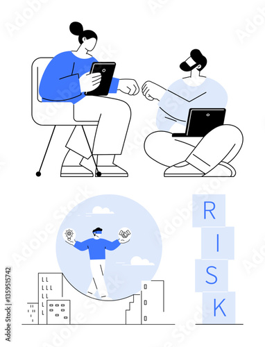 Two people exchange ideas with devices, a man balances scales on a rooftop, blocks spell risk. Ideal for teamwork, strategies, leadership, challenges, decision-making, balance abstract line flat