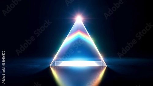 A light beam refracting through a pyramid shaped prism, forming a geometric rainbow.