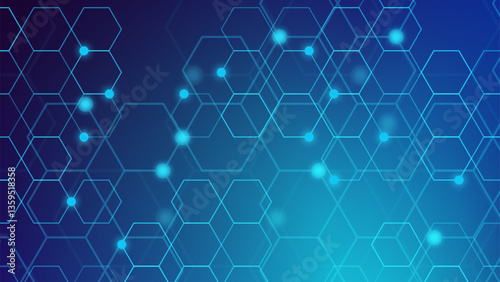 Modern abstract design featuring interconnected hexagons in shades of blue with glowing accents