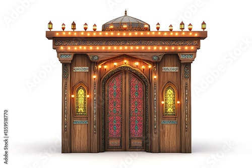 3D Syrian Damascene House Entrance with Twinkling Lights. photo