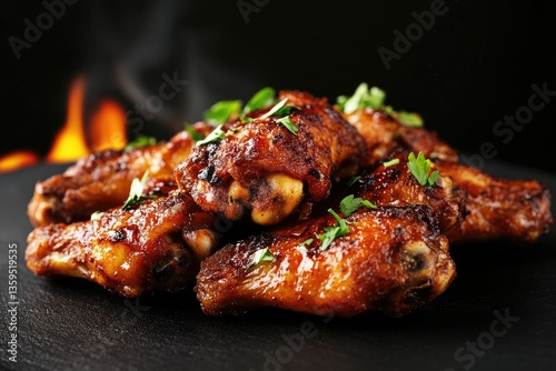 Wallpaper Mural A close-up view of crispy. saucy chicken wings stacked on a dark background. showcasing their rich texture and appetizing appearance. ideal for food-related content Torontodigital.ca