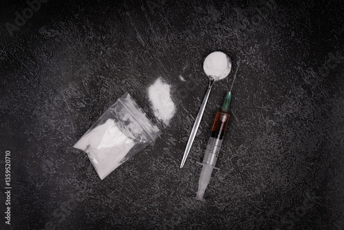 Syringe with drugs dose on black background. Narcotic substances in spoon. powder in plastic bag. Drugs concept on dark place. Heroin narcotic crime. Danger addict problem criminal
