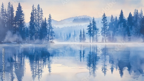 Serene Misty Lake Reflection in Blue Hues Watercolor Painting