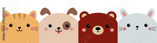 Cat kitten kitty, bear, rabbit bunny hare, dog puppy. Square face icon set line. Cute cartoon funny character. Kawaii animal. Love card. Childish style. Flat design. White background. Isolated. Vector