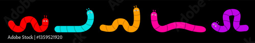 Caterpillar set line banner. Insect icon. Colorful cartoon funny kawaii baby animal character. Cute crawling bug collection. Smiling face. Bright color. Flat design. Isolated Black background. Vector