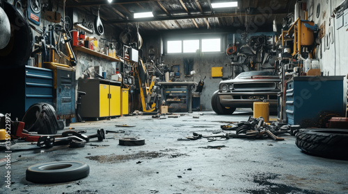 A messy mechanic's garage with car parts scattered
