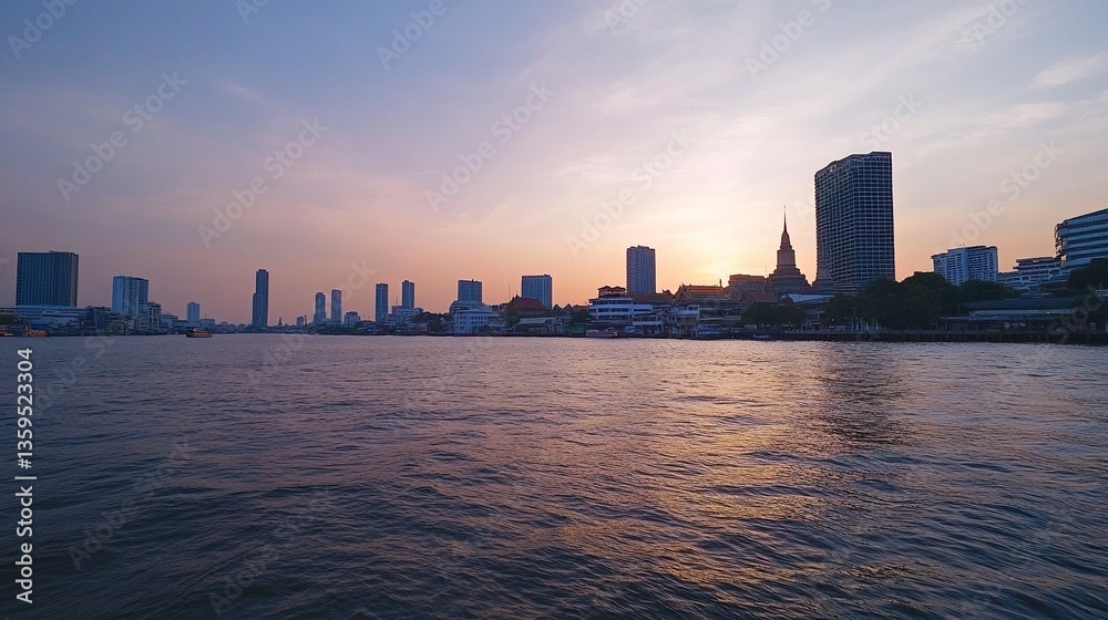 Fototapeta premium Chao Phraya River panorama: Cityscape featuring Wat Arun temple and surrounding urban structures, photographed from across the river, golden hour lighting. 