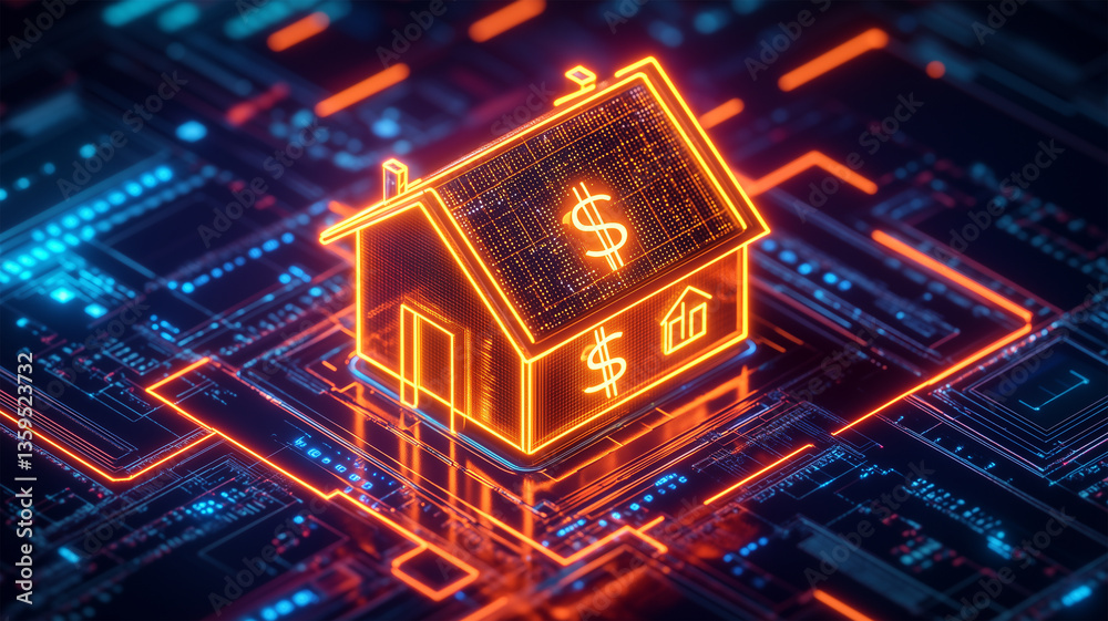 Obraz premium ネオンハウスとデジタル回路が象徴する近未来の不動産資産