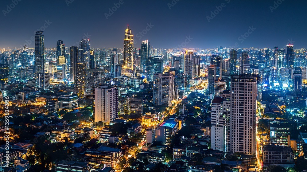 Obraz premium City nightscape with luminous high-rises, dynamic urban light patterns, deep shadows and highlights, vibrant details, panoramic wide-angle perspective 