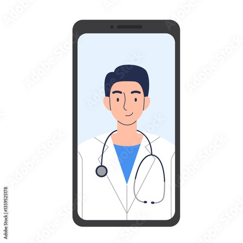 Online doctor's consultation on a smartphone. Man doctor on a smartphone. Online medicine clipart. Vector illustration isolated on white background