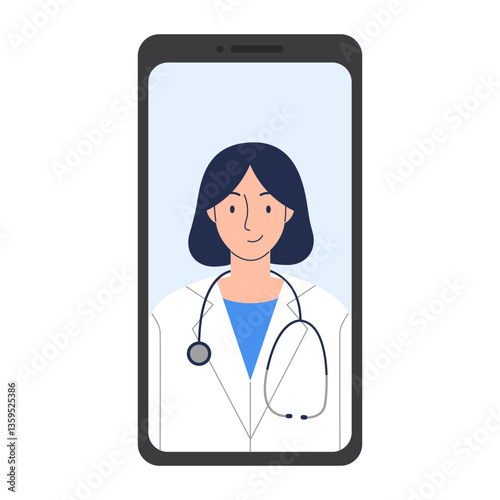 Online doctor's consultation on a smartphone. Woman doctor on a smartphone. Online medicine clipart. Vector illustration isolated on white background