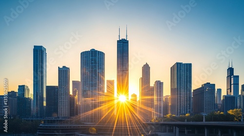 City skyline with a low-hanging sun, warm golden rays creating silhouettes of modern buildings, clear sky with subtle gradients, cinematic wide-angle perspective.  