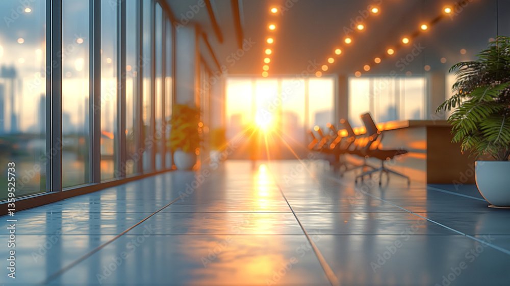 Fototapeta premium A serene office corridor at sunset, showcasing large windows and warm light flooding the space.