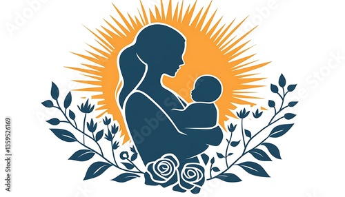 A mother cradles her baby with floral and sunlight details
