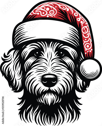  Cute Golden Doodle dog wearing Santa hat, Christmas vector silhouette