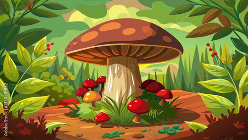 Brown boletus edulis mushroom growing in autumn green moss with red lingonberry, green grass. Autumn harvest concept. Porcini, cep mushrooms. Copy space. Organic forest