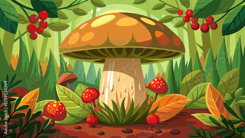 Brown boletus edulis mushroom growing in autumn green moss with red lingonberry, green grass. Autumn harvest concept. Porcini, cep mushrooms. Copy space. Organic forest