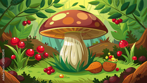 Brown boletus edulis mushroom growing in autumn green moss with red lingonberry, green grass. Autumn harvest concept. Porcini, cep mushrooms. Copy space. Organic forest