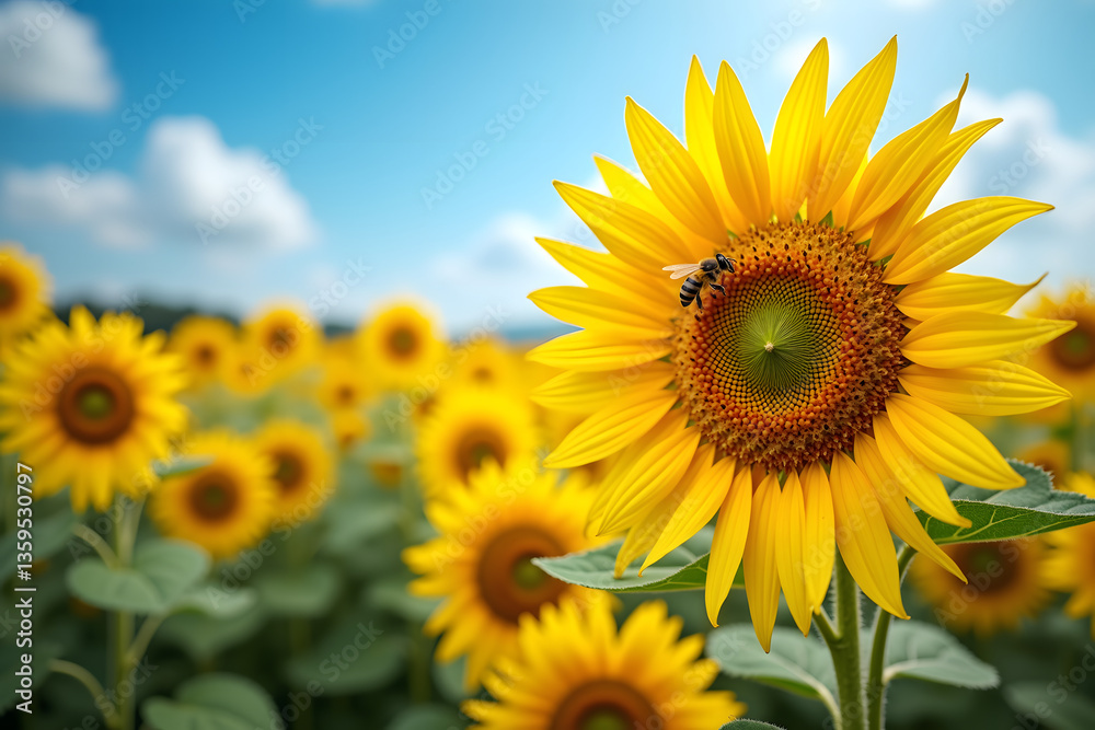 A bright sunflower stands tall in a field, attracting a busy bee. The vibrant yellow petals contrast beautifully against the clear blue sky, embodying the essence of summer and nature's beauty. A bright sunflower stands tall in a field, attracting a busy bee. The vibrant yellow petals contrast beautifully against the clear blue sky, embodying the essence of summer and nature's beauty.