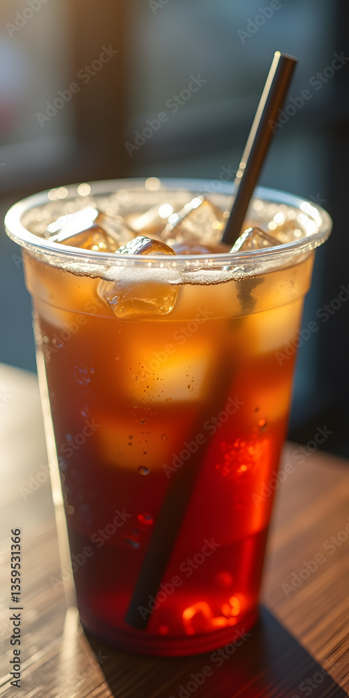 A refreshing iced tea filled with ice cubes in a clear plastic cup, highlighting a gradient of amber and dark brown tones under warm sunlight A refreshing iced tea filled with ice cubes in a clear plastic cup, highlighting a gradient of amber and dark brown tones under warm sunlight