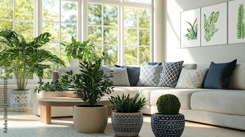 Contemporary living room with a large sectional sofa, stylish side tables, and decorative plants in ceramic pots, blending modern design with natural elements.  