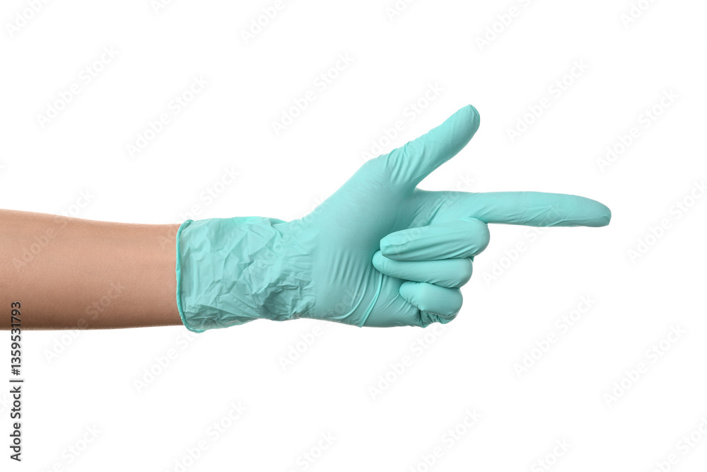 Female hand in medical glove pointing at something on white background