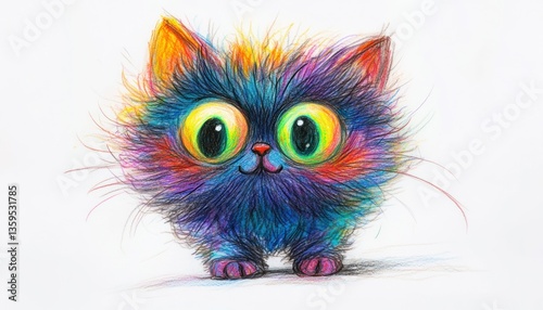 Whimsical multi colored kitten with enormous expressive eyes, cute and fluffy art