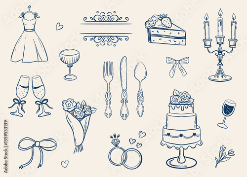 A set of wedding-themed elements featuring a wedding dress, champagne glasses, cake, bouquet, rings, candelabra, wine glass, and tableware. Delicate floral decorations, bows, and romantic symbols