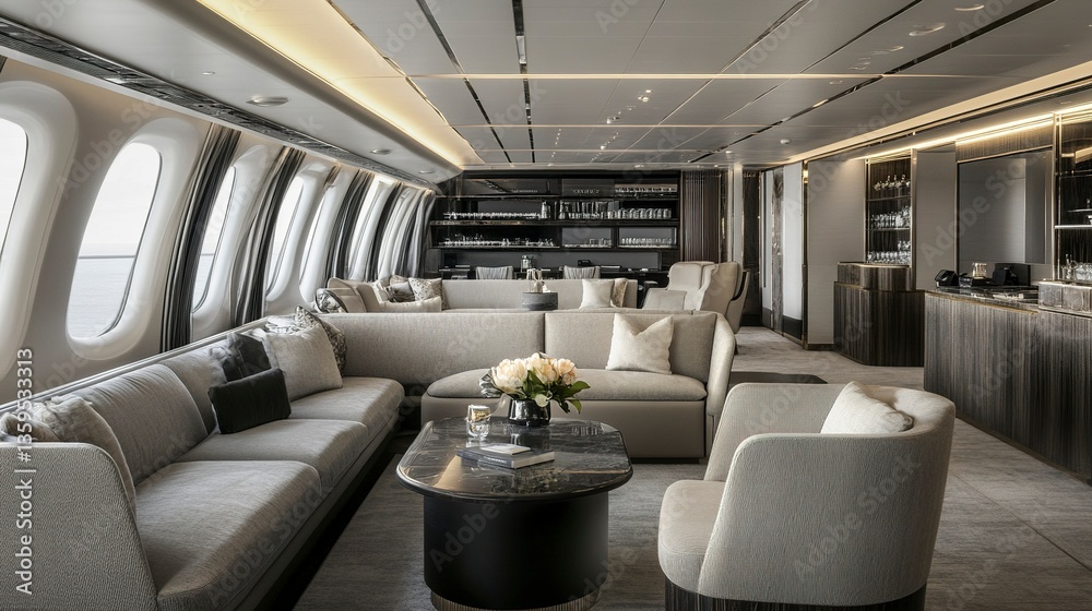 Obraz premium Contemporary luxury lounge featuring sleek design, cozy seating in upscale fabrics, and premium services, providing an exclusive retreat for travelers. 