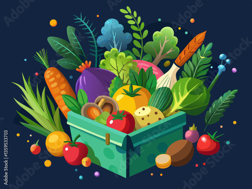 vector of  Healthy food background. Concept of healthy food, fresh vegetables in box on a dark background