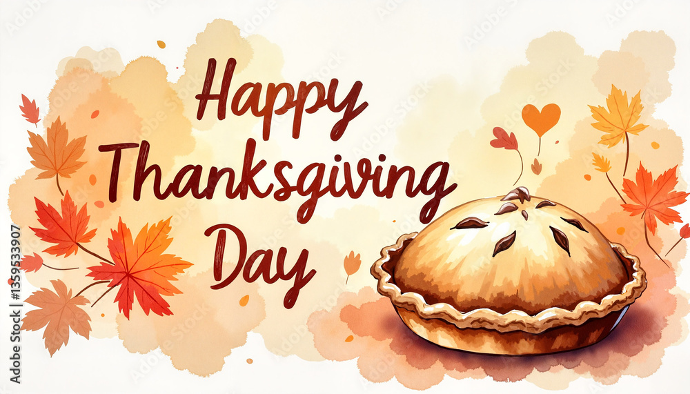 Fototapeta premium Happy Thanksgiving Day illustration with pie and autumn leaves, gratitude