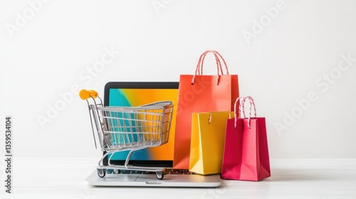 Product package boxes and shopping bag in cart with laptop computer