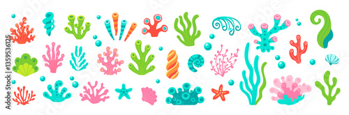 A colorful array of sea plants and sea creatures. The image is a vibrant and lively depiction of the ocean's ecosystem