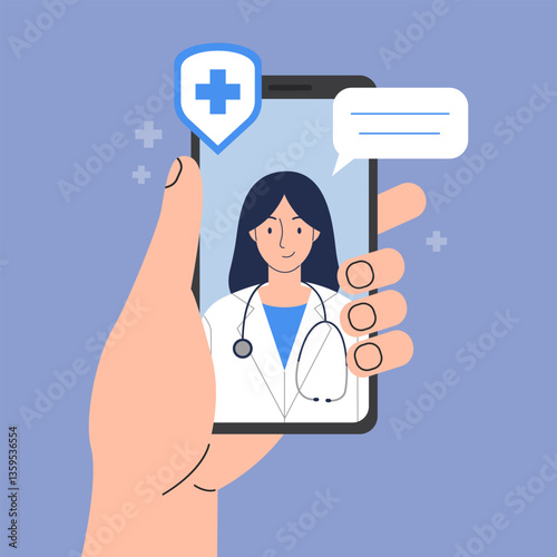 Online doctor's consultation on a smartphone. Woman doctor on a smartphone. Online medicine concept. Hand holds the smartphone. Vector illustration