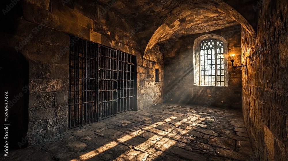 Dungeon interior in a medieval castle, with rough stone walls, iron-barred cells, and flickering torchlight casting eerie shadows across the damp floor. Dungeon interior in a medieval castle, with rough stone walls, iron-barred cells, and flickering torchlight casting eerie shadows across the damp floor.