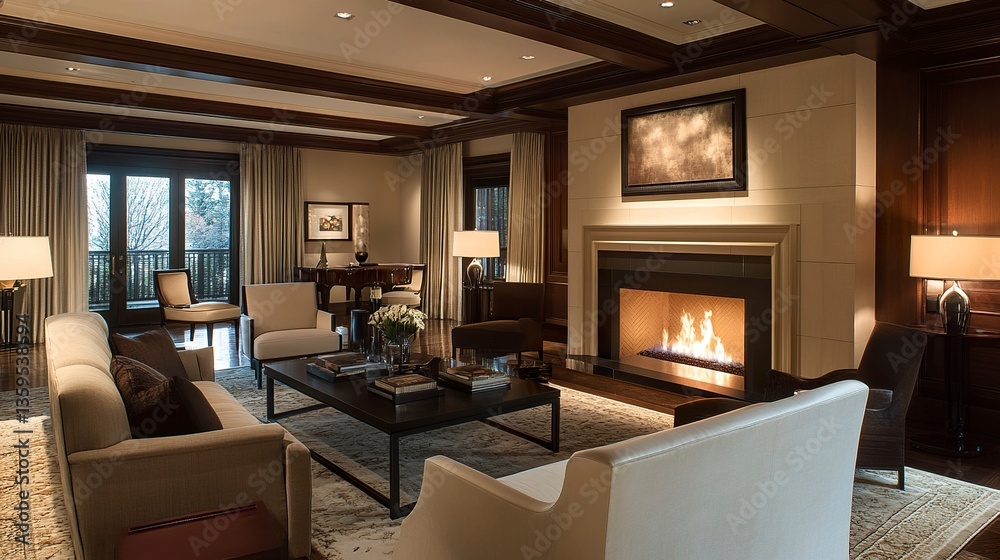 Elegant living room design with a floor-to-ceiling fireplace as the centerpiece, paired with modern furniture and subtle decor for a chic, spacious ambiance. Elegant living room design with a floor-to-ceiling fireplace as the centerpiece, paired with modern furniture and subtle decor for a chic, spacious ambiance.
